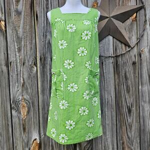 VTG 60s70s Dress Reigning Beauty Lime Green Stripe Floral Sleeveless Square Neck